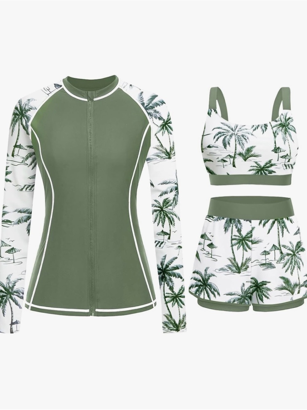 Green Palm-Print Three-Piece Women's Swim Set